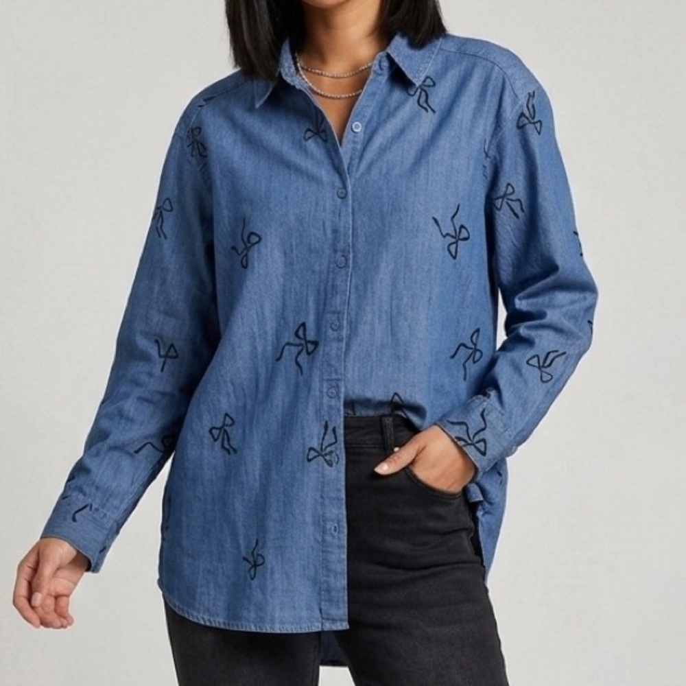 Jane and Delancey Blue Button-Down Shirt with Black Embroidery